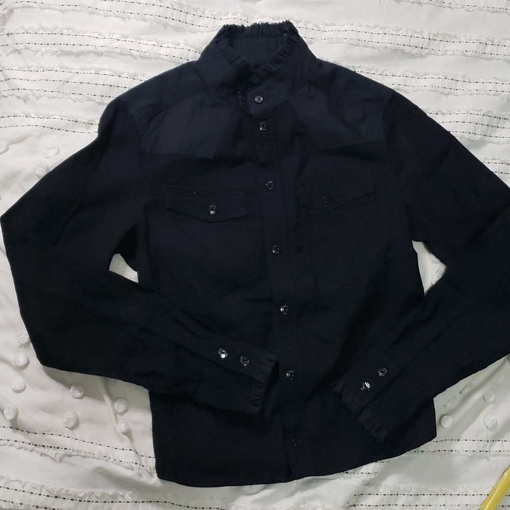 Gstar women's long sleeve button down with ruffle neck detail and cuffs small
